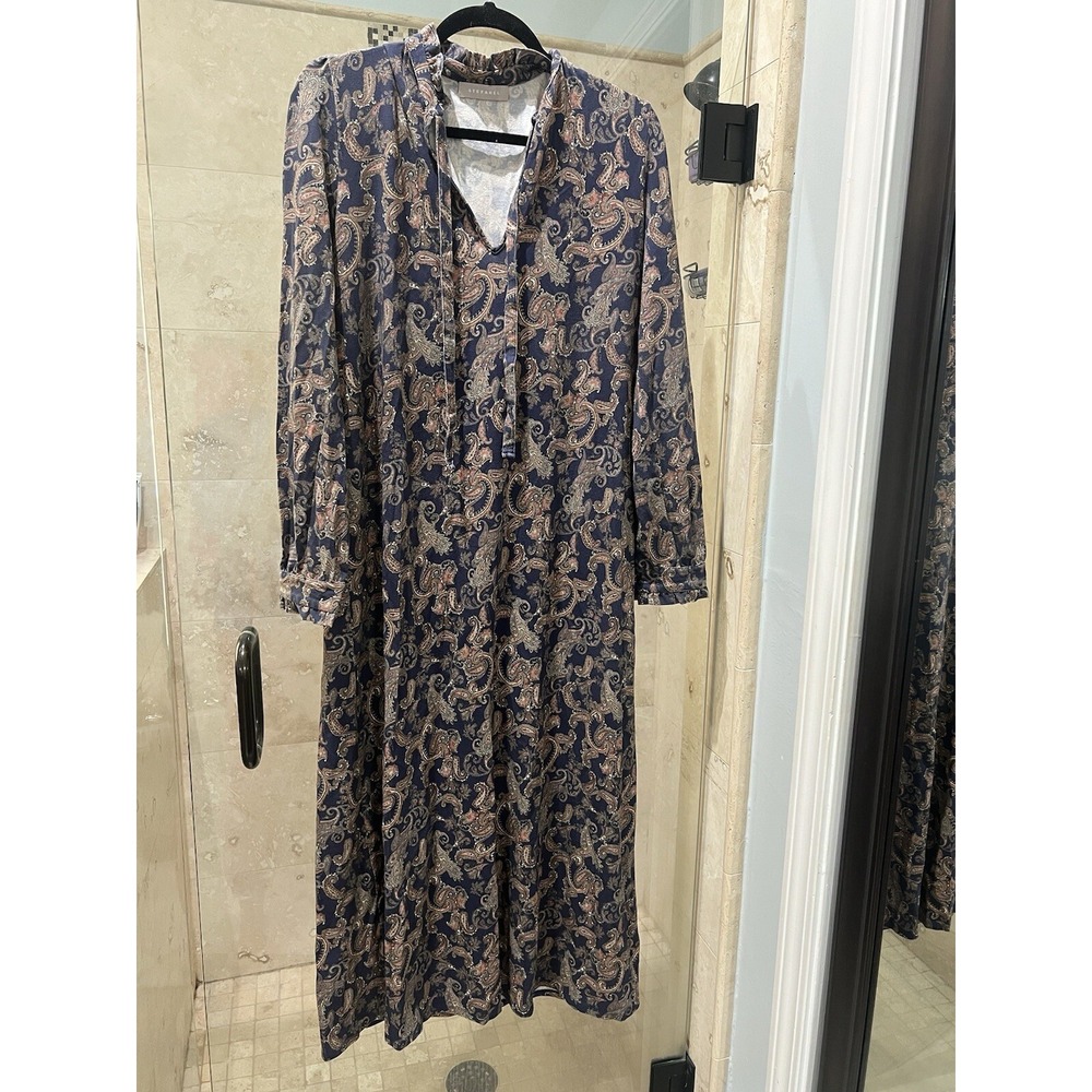Stefanel Womens Blue Brown Paisley Peasant Long Sleeve Maxi Dress Cotton L